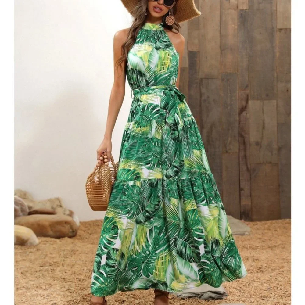 green emerald velvet dress Fearless Travels Green Tropical Maxi Dress – Shop the Mint main image 0